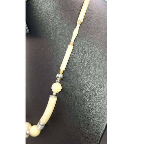 Carved Bone Bead & Silver Bead Necklace 8" - Picture 5 of 5